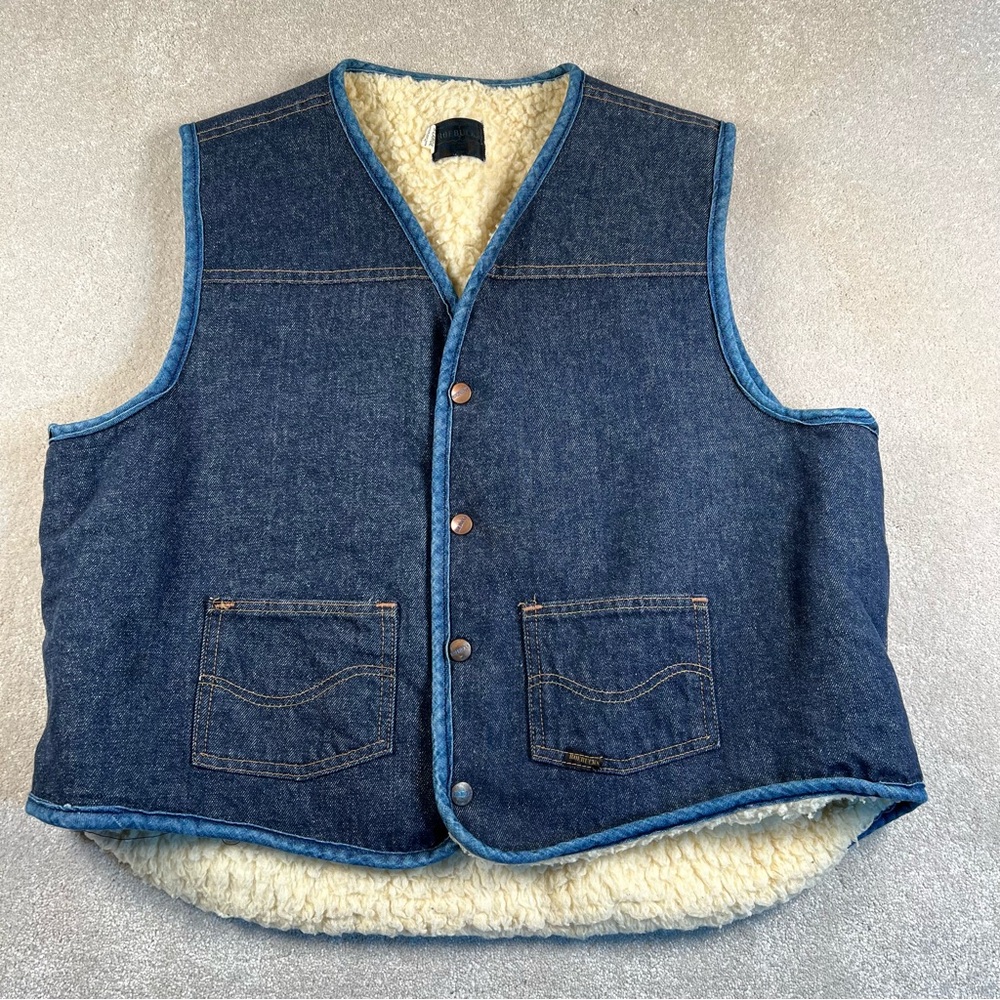 Vintage Roebucks Vest Blue Denim Sherpa Fleece Snap Western 70's Men's XL